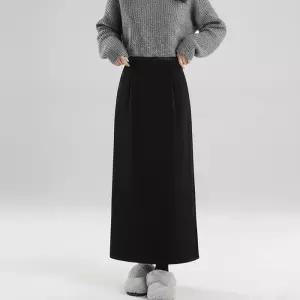 여성 겨울 뒷트임 밴딩 벨벳 따뜻한 기모 출근룩 롱스커트 H라인