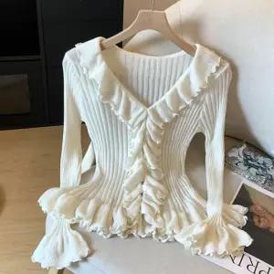 러플 F007593_브이넥 블라우스 니트가디건 긴팔니트티 슬림핏