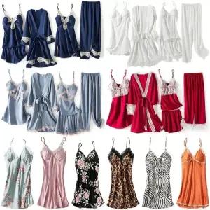 브라 캡 내장 실크 레이스 슬립 원피스 섹시 란제리 속옷 가운 로브 홈웨어 파자마 잠옷 세트 신혼선물