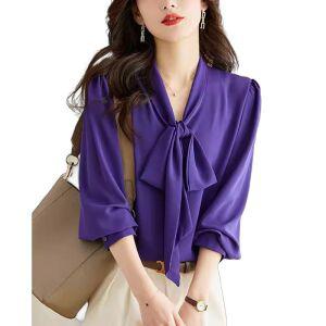 봄남방 보라색 블라우스 정장 이너 빅사이즈 러플 타이 쉬폰 왕리본 롱 셔츠 새틴 여성 남방