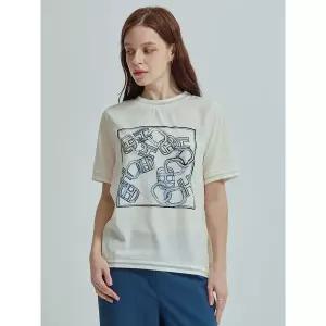 [하프클럽/올리비아하슬러]라이트 베이지 배색소매 로고패턴 프린트 티셔츠 OHCMTS703