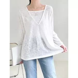 [하프클럽/]여성 봄 여름 브이넥 레이어드 빅사이즈  박스 티셔츠 미시 캐주