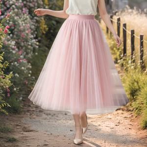 아엘리에 사쿠라핑크 롱 레이스 샤스커트 쉬폰 망사 플레어 밴딩 셀프웨딩 롱원피스 스커트