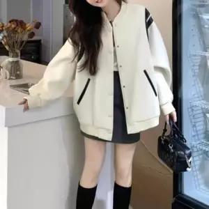 여자 겨울 캐주얼 배색 레더 넥밴딩 야구 점퍼_4