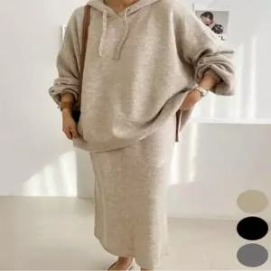 베이직 후드 니트 롱 H라인 투피스 셋업 WIADOP021)