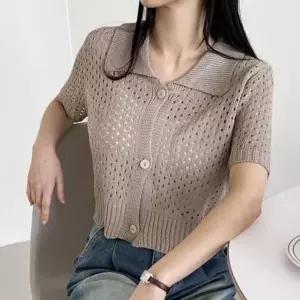 [하프클럽/]여성 인기 펀칭 니트 가디건 감성 카라 여자 반팔 가