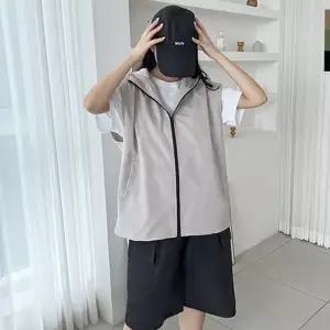 여성 바람막이 조끼 루즈핏 데일리 아우터 여성 후드 조끼 간절기 아웃도어 스트링 봄바람 야외 고프 코어