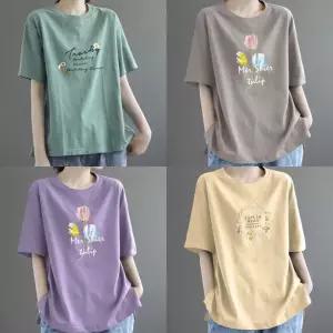 데일리 여성 플라워 레터링 여름 여자 기본 중년 엄마 반팔티 티셔츠 빅사이즈 루즈티