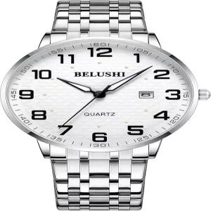 고사사 쉽게 읽을 수 있는 시니어용 쿼츠 시계 큰 숫자 달력 30m 방수 발광 여성용 남성용 스테인리스 스틸