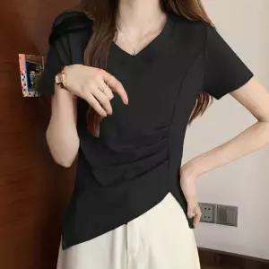 여성여름티셔츠 브이넥 티셔츠 핀턱 절개 슬릿 세미크롭 기장 무지티