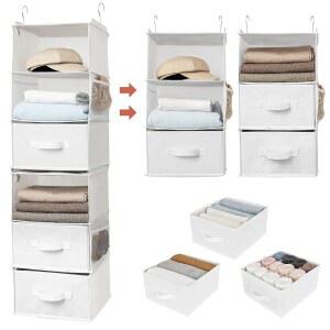 할머니, 옷장용 6단 걸이 정리함, 3단 걸이 선반, 3단 걸이 선반, 3개의 서랍, 4개의 사이드 포켓, 흰색, 1팩으로 구성 및 보관 가능