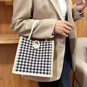 체크 패턴 캔버스 손가방 미니 사각백 가벼운 토트백 cXU1+3qcP