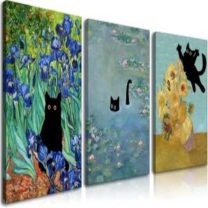 모네 월 아트 세트 3 - 수련의 재미있는 고양이 캔버스 그림 프린트 방 침실 거실 욕실용 반 고흐 해바라기