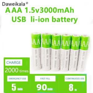 2026 USB AAA 충전식 배터리 1.5V 3000mAh 리튬 이온 배터리(리모컨 마우스 전동 장난감용) + C타입 케이