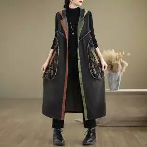 EAMT 데님 빈티지 캐주얼 퍼 여성조끼 코트 조끼 후드 충돌 오버핏 빅사이즈 배색 YJ1