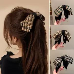 여성 체크 리본 올림머리 집게핀 포니테일 바나나핀