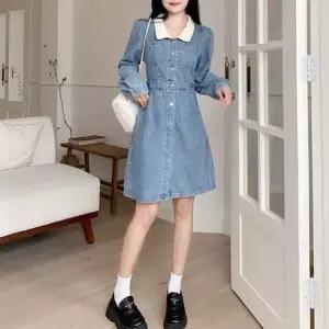 카라 배색 여성 긴팔 데님 미디 원피스 셔츠원피스
