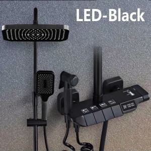 블랙 디지털 샤워 세트, 욕실 강우 황동 벽걸이 4 웨이 수도꼭지, 욕조 온도조절기 레인 믹서 탭 시스템 LE