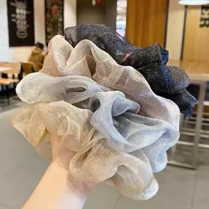 리본고무줄 여성 우아한 스크런치 펄 쉬폰 시스루 곱창 머리끈