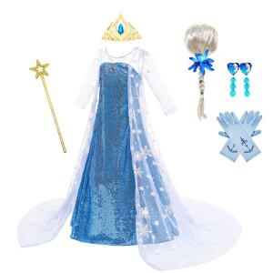 여자 엘사 공주 드레스 어린이 반짝 이는 블루 가운 새시 케이프 할로윈 크리스마스 파티 의상