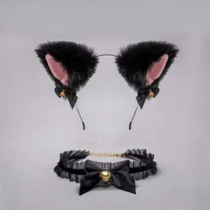 세련되고 달콤하고 귀여운 고양이 귀 벨 머리띠 블랙 와일드 작은 칼라 카와이 보우 벨 칼라 초커 팔찌 액