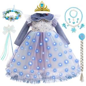 엘사 코스프레 공주 드레스 소녀 스노우 퀸 긴 소매 메쉬 가운 어린이 생일 할로윈 파티 멋진 디럭스 의상