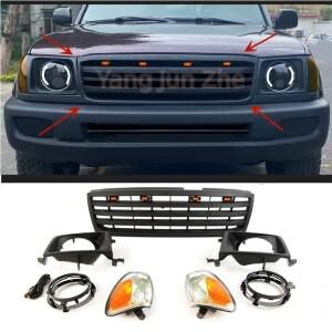 자동차 앞 범퍼 상단 그릴, LED 앰버 전등갓 포함, 도요타 랜드 크루저 LC100 + 전면 헤드 라이트 액세서리
