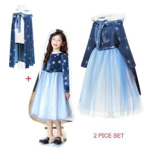 겨울왕국 2 엘사 의상 여자 어린이 긴 소매 파티 드레스 벨벳 케이프 크리스마스 생일 복장