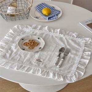 흰색 천 아트 다이닝 매트 방진 장식 테이블 나뭇잎 가장자리 프랑스 스타일 사각형 모양 사진 소품 배경