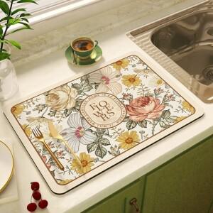 다채로운 꽃무늬 규조토 매트 미끄럼 방지 뒷면으로 먼지와 물 튀김을 커피 머신 및 주방 조리대 보호에 이