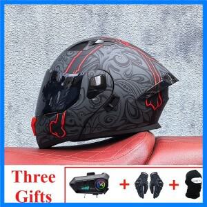새로운 오토바이 전문 레이싱 플립업 헬멧 ABS 소재 모듈형 듀얼 렌즈 블루투스 헬멧 DOT 인증 풀페이스 헬
