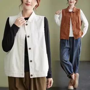 스트레인지 여자 빈티지 캐주얼 가을 나시 데일리룩 숏 면마 조끼 아우터 브이넥 단추 솔리드 KUK3