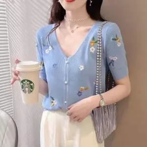 [의류] 버튼 니트 반팔 티셔츠 여름 상큼 플라워 자수 여성 조끼 베스트 양털 뽀글이 오버핏