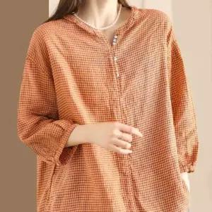 엘럽 캐주얼 빈티지 체크 앤티크룩 루즈핏 린넨 여성셔츠 슬림핏 셔츠 풀오버 박템5