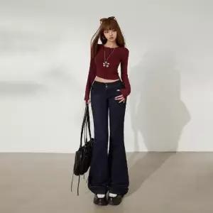 엘럽 여성 빈티지 스판 로우컷 나팔바지 슬림핏 와이드 더블 청바지 박템1