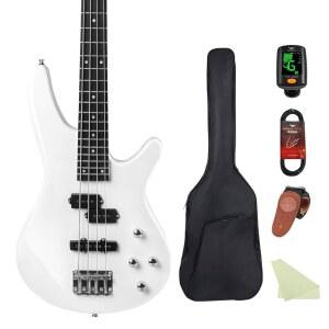 일렉트릭 베이스 기타 4현 풀사이즈 스탠다드 베이스 PB 스타일 초보자용 키트 블랙, 긱백 기타 스트랩 및 기타 케이블(IB-화이트) 포함