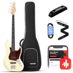 도너 일렉트릭 베이스 기타 4현 풀사이즈 스탠다드 베이스 JB 스타일 초보자용 키트 화이트, 무료 온라인 레슨 긱백 기타 스트랩 및 기타 케이블, DJB-510