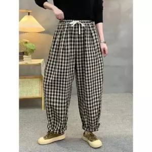 여자 팬츠 가을 캐주얼 빈티지 체크 밴딩 린넨 배기팬츠 OP3