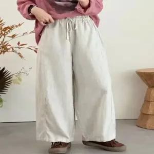 여친 팬츠 캐주얼 가을 빈티지 린넨 솔리드 밴딩 허리 스트링 빅사이즈 OP3