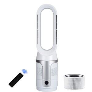 Voagupa 블레이드리스 타워 선풍기 및 공기 청정기, 트루 H13 헤파 필터, 리모컨 터치 컨트롤이 가능한 90 진동 선풍기, 9H 타이머, 침실 홈 오피스용 바닥 실버 화이트