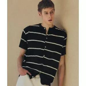 NODU 썸머 스트라이프 라운드 반팔 가디건 [블랙]