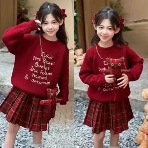 삐삐네옷가게 여아 주니어 버건디니트 체크 치마 상하세트