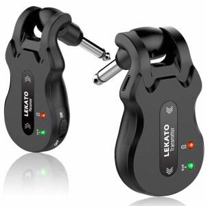 LEKATO 무선 기타 시스템 5.8 무선 기타 송신기 충전식 오디오 무선 송신기 수신기 4채널 일렉트릭 기타 베이스 전송 범위(블랙)