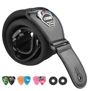 일렉트릭 기타 및 베이스용 LEKATO 베이스 기타 스트랩 3인치 와이드 패딩 스트랩 길이 45인치에서 55인치 베이스 기타 스트랩, 픽 홀더 2개의 안전 스트랩 잠금장치 및 6개의 픽 포함