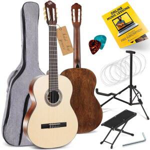 파일 프리미엄 솔리드 스프루스 탑 클래식 어쿠스틱 기타 키트, 4/4 풀 사이즈 클래식 올 우드 수공예 악기, 긱 백, 픽, 스탠드 및 풋 스툴, 39인치 내추럴