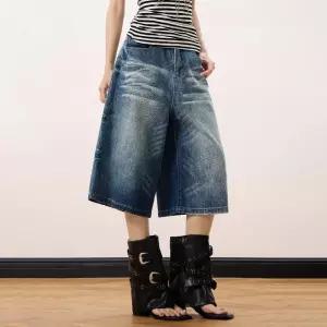 팬츠 청 남친 붐 반 와이드 스트릿 쇼트 하이 데님반바지 구제 워싱 나염 7부 스포M1