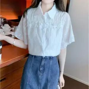 [옷은날개] 여자 화이트 레이스 프릴 카라 블라우스 여름 반팔셔