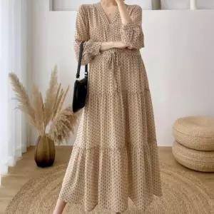 빅사이즈 브이넥 쉬폰 허리끈 셔링 롱원피스