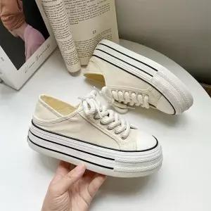 여성 통굽 뮬 스니커즈 캔버스 스니커즈 슈즈