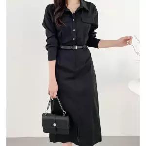 여자클래식하객룩 셔츠롱원피스(벨트포함) 블랙